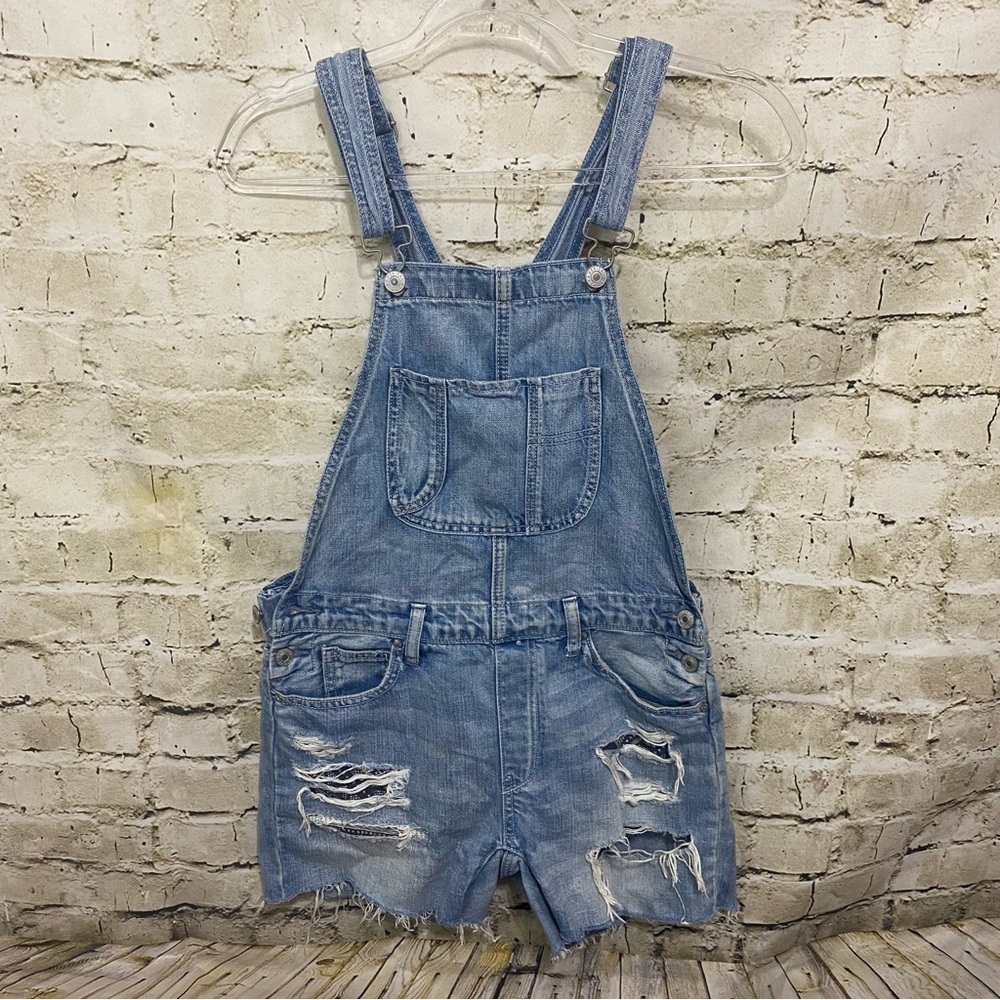 American Eagle Bib Overall Shorts Distressed Blue Denim Tomgirl Shortall
